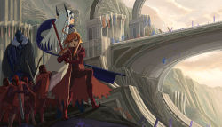 Rule 34 | 2girls, ??? (sdg19881022), ahoge, brown hair, hat, highres, holding, holding polearm, holding spear, holding sword, holding weapon, knight, long hair, looking at another, looking at viewer, multiple girls, open mouth, original, pixiv fantasia, pixiv fantasia sword regalia, pointy ears, polearm, purple eyes, red eyes, smile, spear, sword, weapon, white hat