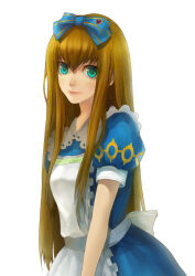 Rule 34 | 1girl, alice liddell (heart no kuni no alice), apron, blue bow, blue dress, bow, brown hair, collared dress, dress, green eyes, hair between eyes, hair bow, heart no kuni no alice, long hair, puffy short sleeves, puffy sleeves, rclxx2003, short sleeves, simple background, smile, solo, very long hair, white apron, white background