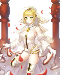 Rule 34 | 1girl, absurdres, ahoge, bare shoulders, belt, blonde hair, blush, breasts, bridal veil, chain, cleavage, commentary request, detached sleeves, dress, fate/grand order, fate (series), flower, gloves, green eyes, highres, large breasts, leaf, lock, looking at viewer, medium breasts, nero claudius (bride) (fate), nero claudius (bride) (second ascension) (fate), nero claudius (fate), nero claudius (fate) (all), padlock, puffy short sleeves, puffy sleeves, short hair, short sleeves, smile, solo, veil, white dress, white gloves, yulmung ym, zipper