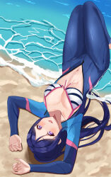Rule 34 | 1girl, absurdres, beach, bikini, blue hair, blush, bodysuit, breasts, chaso (480), cleavage, collarbone, diving suit, front-tie bikini top, front-tie top, highres, long hair, love live!, love live! sunshine!!, matsuura kanan, medium breasts, navel, ocean, open bodysuit, open clothes, open mouth, open wetsuit, ponytail, purple eyes, solo, swimsuit, unzipped, wetsuit
