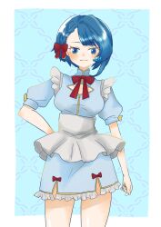 1girl aizawa_kazuha alternate_hairstyle apron arm_at_side artist_name assault_lily asymmetrical_bangs asymmetrical_hair blue_background blue_dress blue_eyes blue_hair blush border bow bowtie braid braided_bangs breasts closed_mouth commentary cowboy_shot dress frilled_dress frills fumi_(fumifumi3axl) hair_bow hand_on_own_hip highres light_smile looking_at_viewer maid medium_breasts outside_border puffy_short_sleeves puffy_sleeves red_bow red_bowtie short_sleeves single_braid solo standing waist_apron white_apron white_border