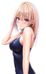 Rule 34 | 1girl, absurdres, bare arms, black one-piece swimsuit, blonde hair, blush, breasts, commentary request, covered navel, hair between eyes, highres, long hair, looking at viewer, medium breasts, one-piece swimsuit, original, parted lips, purple eyes, school swimsuit, sidelocks, simple background, swimsuit, upper body, white background, yukemuriganmo