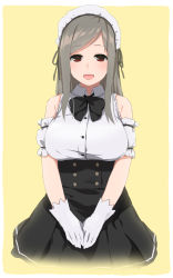 Rule 34 | 1girl, breasts, brown eyes, brown hair, detached sleeves, gloves, hakumei kosen, highres, large breasts, long hair, maid, maid headdress, original, simple background, skirt, solo, swept bangs, underbust, v arms, white gloves, yellow background
