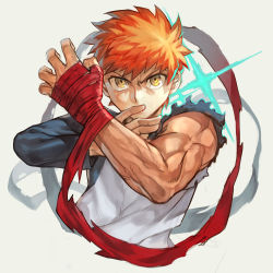 Rule 34 | 1boy, beige background, biceps, cropped torso, emiya shirou, fate/stay night, fate (series), gleam, hand up, heaven&#039;s feel, hungry clicker, long sleeves, looking at viewer, male focus, manly, muscular, orange hair, raglan sleeves, shirt, shroud of martin, simple background, solo, torn sleeve, upper body, white shirt, yellow eyes