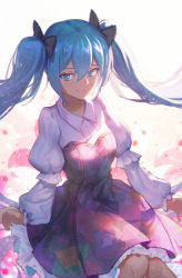 Rule 34 | 1girl, black bow, blue eyes, blue hair, bow, cha (pixiv12794171), closed mouth, collared shirt, hair bow, hatsune miku, long hair, long sleeves, looking at viewer, shirt, smile, solo, twintails, vocaloid