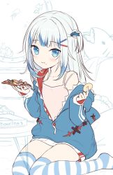Rule 34 | 1girl, :t, blue eyes, blue hoodie, camisole, chips (food), commentary, eating, english commentary, food, gawr gura, hair ornament, hairclip, hololive, hololive english, hood, hood down, hoodie, long hair, looking at viewer, moorina, multicolored hair, pizza, pizza slice, potato chips, shark hair ornament, simple background, sitting, solo, streaked hair, striped clothes, striped thighhighs, thighhighs, thighs, virtual youtuber, white hair