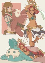 Rule 34 | 1boy, 1girl, arm tattoo, armpits, blue eyes, blue lips, brown hair, doll, dual wielding, earrings, heart, highres, holding, holding doll, holding sword, holding weapon, ivy (sena0119), jewelry, link, long hair, navel, nintendo, pointy ears, red background, red hair, riju, short hair, single bare shoulder, smile, standing, stomach, stuffed animal, stuffed toy, sword, table, tattoo, the legend of zelda, the legend of zelda: breath of the wild, the legend of zelda: tears of the kingdom, weapon, white background