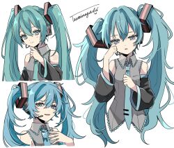 Rule 34 | 3girls, :d, aqua eyes, aqua hair, bare shoulders, black sleeves, blue eyes, blue hair, blue nails, blue necktie, blush, closed mouth, collared shirt, cropped torso, detached sleeves, frilled shirt, frills, grey shirt, hair between eyes, hair intakes, hair ornament, hatsune miku, head tilt, headset, highres, long hair, long sleeves, looking at viewer, microphone, multiple girls, multiple persona, naguno-0713, nail polish, necktie, number tattoo, open mouth, rubbing eyes, shirt, sidelocks, signature, simple background, sleeveless, sleeveless shirt, smile, tattoo, tie clip, twintails, very long hair, vocaloid, white background