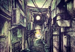 Rule 34 | absurdres, air conditioner, alley, cable, day, electric panel, graphite (medium), hallway, highres, ibsukionsen, indoors, light, no humans, original, road, scenery, street, sunlight, traditional media, trash can, ventilation shaft, wall lamp, wire