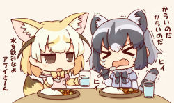 Rule 34 | &gt; &lt;, 2girls, :o, animal ear fluff, animal ears, arm at side, beige background, blonde hair, bow, bowtie, breast pocket, brown eyes, chibi, common raccoon (kemono friends), crying, cup, curry, curry rice, drink, drinking glass, extra ears, closed eyes, facing viewer, fang, fennec (kemono friends), food, fox ears, fox tail, fur collar, furrowed brow, gloves, grey hair, hand up, holding, holding cup, holding spoon, jitome, kata meguma, kemono friends, looking at another, looking to the side, motion lines, multicolored hair, multiple girls, no nose, open mouth, pink sweater, pocket, puffy short sleeves, puffy sleeves, raccoon tail, rice, short hair, short sleeves, sound effects, spicy, spoon, stiff tail, sweater, table, tail, tears, translated, trembling, upper body, water, yellow bow, yellow neckwear