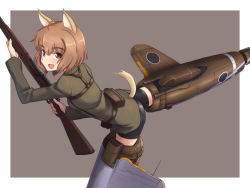 Rule 34 | 1girl, a9b (louis814), ahoge, animal ears, ass, bike shorts, brown eyes, brown hair, dog ears, dog girl, dog tail, flying, gun, harness, inufusa yuno, military, military uniform, outside border, pouch, rifle, simple background, sketch, solo, strike witches, striker unit, tail, uniform, weapon, world witches series