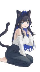 Rule 34 | 1girl, animal ears, arch 05x, bare shoulders, barefoot, black heart (neptunia), blue eyes, blue hair, blue nails, blue pants, blunt bangs, blush, breasts, cat ears, cat tail, colored inner hair, denim, detached sleeves, ear piercing, feet, fingernails, hair intakes, heart, high-waist pants, highres, hololive, hololive english, jeans, jewelry, large breasts, long hair, long sleeves, looking at viewer, multicolored hair, nail polish, official alternate costume, ouro kronii, ouro kronii (casual), pants, piercing, seiza, shirt, simple background, sitting, solo, tail, tongue, very long hair, virtual youtuber, white background, white shirt