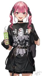 Rule 34 | 1girl, bag, belt, black arm warmers, black bow, black choker, black nails, black shirt, black shorts, bottle, bow, choker, cropped legs, curly hair, drinking straw, earrings, fang, hair bow, highres, hinamizawa hinami (tetto), holding, holding bottle, jewelry, looking at viewer, original, pink eyes, pink hair, shirt, shorts, shoulder bag, signature, slit pupils, standing, tetto (onnoveltet), twintails, white background