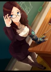 Rule 34 | 1girl, adjusting eyewear, alternate costume, blue eyes, breasts, brown hair, chalk, chalkboard, desk, fate/grand order, fate (series), formal, gauntlets, glasses, highres, hip focus, hsin, jewelry, large breasts, leaning forward, legs, leonardo da vinci (fate), letterboxed, long hair, looking at viewer, necklace, pantyhose, pointer, saint quartz (fate), skirt, smile, solo, teacher, thighs, wavy hair