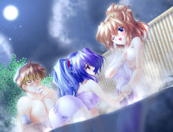 Rule 34 | 1boy, 2girls, alcohol, alfimi, ass, banpresto, blue eyes, blue hair, breasts, brown hair, covering privates, excellen browning, flat chest, gunner-l, kyousuke nanbu, large breasts, long hair, mixed-sex bathing, moon, multicolored hair, multiple girls, naked towel, nanbu kyosuke, night, nude cover, one eye closed, onsen, open mouth, pink eyes, ponytail, sake, shared bathing, star (symbol), steam, super robot wars, towel, water, wet, wink