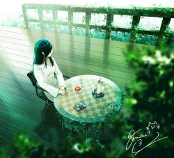 Rule 34 | 1girl, black hair, blurry, book, cat, chair, cup, day, depth of field, dress, from above, fusui, hair over eyes, jar, leaf, logo, looking away, looking to the side, original, outdoors, pale skin, plant, railing, reflection, signature, sitting, solo, steam, table, tea, teacup, vines, white dress, wooden floor