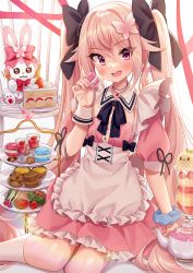 Rule 34 | 1girl, apron, black bow, blonde hair, blue scrunchie, bow, butterfly hair ornament, cake, checkerboard cookie, chobi (penguin paradise), commentary request, cookie, dress, fang, food, fork, frilled apron, frills, hair between eyes, hair bow, hair ornament, hairclip, highres, holding, holding food, kneehighs, knife, long hair, macaron, original, parfait, pink dress, puffy short sleeves, puffy sleeves, purple eyes, red bow, scrunchie, short sleeves, single wrist cuff, socks, solo, strawberry shortcake, stuffed animal, stuffed rabbit, stuffed toy, tart (food), teapot, tiered tray, twintails, very long hair, virtual youtuber, waist apron, white apron, white socks, wrist cuffs, wrist scrunchie