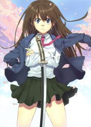 Rule 34 | 1girl, absurdres, bandaid, bandaid on face, bandaid on nose, blazer, blue eyes, brown hair, cherry blossoms, crossed arms, dress shirt, frown, highres, jacket, jacket on shoulders, katana, long hair, luna (reclaimed land), necktie, open clothes, open jacket, original, petals, planted, planted sword, planted weapon, scan, school uniform, shirt, skirt, solo, sword, weapon