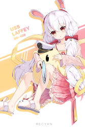 Rule 34 | 1girl, absurdres, azur lane, bell, bow, character doll, collarbone, commentary request, hair between eyes, hair bow, hair ribbon, hand fan, highres, holding, holding fan, laffey (azur lane), laffey (white rabbit welcomes the spring) (azur lane), long hair, long sleeves, looking at viewer, manjuu (azur lane), paper fan, parted lips, recyan, red eyes, ribbon, rope, shimenawa, sidelocks, simple background, sitting, solo, twintails, uchiwa, white hair