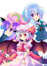 Rule 34 | 4girls, ascot, blue eyes, blue hair, book, braid, crescent, crossed arms, dress, fang, female focus, green eyes, hair ribbon, hat, hong meiling, impossible clothes, izayoi sakuya, maid headdress, multiple girls, no nose, open mouth, patchouli knowledge, purple hair, red eyes, red hair, remilia scarlet, ribbon, simple background, star (symbol), sw (taco), touhou, white background, wings