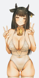 Rule 34 | 1girl, animal ears, animal nose, bell, black hair, black horns, blush, breasts, breasts squeezed together, chinese zodiac, choker, cleavage, collarbone, commentary request, covered navel, cow ears, cow girl, cowbell, double v, ear tag, fingernails, floral print, gluteal fold, grayfox, hair intakes, highres, horns, leotard, lingerie, long hair, looking at viewer, mole, mole on breast, neck bell, original, print leotard, red eyes, see-through, see-through leotard, skindentation, solo, spaghetti strap, standing, teddy (lingerie), thick thighs, thighs, underwear, underwear only, v, white background, year of the ox