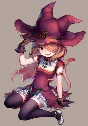 Rule 34 | 1girl, animal ears, black thighhighs, cat ears, cat tail, dress, female focus, gloves, grey background, hair over one eye, hat, kiitos, long hair, open mouth, original, simple background, sitting, smile, solo, tail, thighhighs, wariza, witch hat