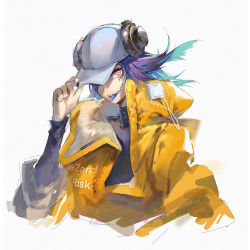 Rule 34 | 1girl, arknights, asbestos (arknights), baseball cap, black shirt, blue hair, blue tongue, chinese commentary, clothes writing, coat, colored tongue, dadijiji, english text, facial mark, fangs, floating hair, hand on headwear, hat, hat over one eye, highres, looking at viewer, medium hair, nail polish, open mouth, pink eyes, shirt, simple background, smile, solo, tongue, tongue out, turtleneck, upper body, white background, white hat, yellow coat