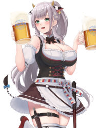 Rule 34 | 1girl, alcohol, animal ears, artist request, bare shoulders, beer, beer mug, blush, breasts, cleavage, cow ears, cow horns, cow tail, cup, dagger, dirndl, dress, flower, german clothes, green eyes, hair flower, hair ornament, highres, hololive, hololive fantasy, horns, knife, large breasts, long hair, mace, mug, open mouth, ponytail, shirogane noel, shirogane noel (dirndl), silver hair, sleeveless, solo, tail, thigh strap, thighhighs, very long hair, virtual youtuber, weapon