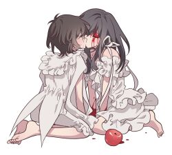 Rule 34 | 2girls, apple, bad id, bad twitter id, bare shoulders, barefoot, between legs, black hair, blood, blood on face, blood on hands, character request, closed eyes, copyright request, crying, crying with eyes open, dress, face-to-face, facing another, food, frilled dress, frills, fruit, full body, hand between legs, highres, kiss, long hair, looking at another, meremero, multiple girls, red apple, short hair, simple background, sitting, tears, wariza, white background, white dress, yuri
