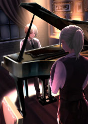 Rule 34 | absurdres, bad id, bad pixiv id, black neckwear, brown footwear, brown hair, chair, curtains, drawing (object), grand piano, grey eyes, grey hair, highres, holding, holding tray, huge filesize, indoors, instrument, long sleeves, macaronk, necktie, original, painting (object), parted bangs, piano, ponytail, tray, vest, window