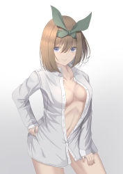 Rule 34 | 1girl, 2022, absurdres, araishi maro, bad id, bad pixiv id, blue eyes, breasts, closed mouth, collarbone, dress shirt, feet out of frame, go-toubun no hanayome, green hairband, hair between eyes, hairband, hand on own hip, highres, looking at viewer, medium breasts, medium hair, nakano yotsuba, naked shirt, navel, no bra, open clothes, open shirt, orange hair, shirt, smile, solo, standing, white background, white shirt