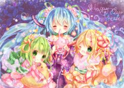 Rule 34 | 3girls, bad id, bad pixiv id, bare shoulders, blonde hair, blue hair, blush, eating, closed eyes, flower, green eyes, green hair, gumi, hair flower, hair ornament, hatsune miku, japanese clothes, kagamine rin, kimono, long hair, momoon karin, mouth hold, multiple girls, new year, open mouth, revision, twintails, very long hair, vocaloid, wink