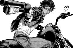 1boy aiming back_peek cigarette collared_jacket cowboy_shot fingerless_gloves fingernails forehead gloves greyscale gun holding holding_gun holding_weapon iro_marimo jacket leaning_forward light_frown looking_at_viewer male_focus monochrome motor_vehicle motorcycle on_motorcycle open_clothes open_jacket orange_eyes original shirt short_hair simple_background solo spot_color teeth tsurime v-shaped_eyebrows wavy_hair weapon white_background wind