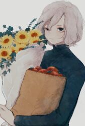 1boy absurdres bag bags_under_eyes black_eyes bouquet dungeon_meshi elf flower green_shirt grey_hair highres holding holding_bag holding_bouquet lazy_eye long_sleeves male_focus mithrun pointy_ears shirt shopping_bag short_hair simple_background solo tktaoi2 tomato uneven_eyes upper_body wavy_hair white_background