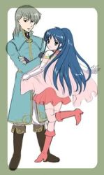 Rule 34 | black eyes, blue eyes, blue hair, boots, braid, brother and sister, cape, coat, crossed arms, dress, elbow gloves, fingerless gloves, fire emblem, fire emblem: the sacred stones, gloves, grey hair, innes (fire emblem), long hair, looking back, lowres, nintendo, ponytail, prince, princess, serious, siblings, skirt, smile, tana (fire emblem), twin braids