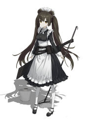 Rule 34 | 1girl, animal ears, apron, bear ears, belt, belt pouch, black dress, black footwear, brown belt, brown hair, bucket, closed mouth, copyright request, dress, full body, highres, holding, holding mop, long hair, long sleeves, looking at viewer, maid, maid apron, maid headdress, mop, pantyhose, pouch, shadow, shoes, simple background, smile, solo, sword, twintails, very long hair, wasabi60, weapon, white apron, white background, white pantyhose