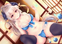 Rule 34 | 1girl, bare arms, bare shoulders, bikini, blue bikini, blush, bow, bow bikini, breasts, cameltoe, closed mouth, collarbone, dragon girl, dragon horns, dutch angle, endsmall min, fate/grand order, fate (series), fingernails, groin, hair between eyes, hair bow, hands up, high ponytail, highres, horns, indoors, kiyohime (fate), kiyohime (swimsuit lancer) (third ascension) (fate), light brown hair, long hair, looking at viewer, medium breasts, mouth hold, navel, ponytail, red eyes, sitting, solo, swimsuit, very long hair, yellow bow