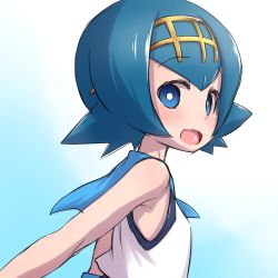 Rule 34 | 1girl, bare arms, blue eyes, blue hair, blue sailor collar, bright pupils, creatures (company), from side, game freak, hairband, hanya (hanya yashiki), lana (pokemon), looking at viewer, matching hair/eyes, nintendo, open mouth, pokemon, pokemon sm, sailor collar, short hair, sketch, sleeveless, solo, trial captain, upper body, white pupils