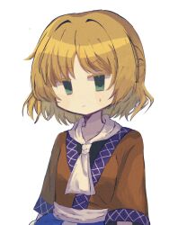 Rule 34 | 1girl, black shirt, blonde hair, brown jacket, closed mouth, colored eyelashes, film grain, flat chest, green eyes, highres, jacket, mizuhashi parsee, no nose, shirt, short hair, short sleeves, simple background, solo, sweat, touhou, tuijian bot, upper body, white background