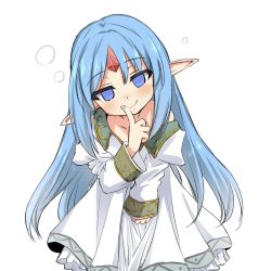 Rule 34 | 1girl, blue eyes, blue hair, collarbone, dress, empty eyes, finger to mouth, forehead jewel, head tilt, highres, kalar (race), leaning forward, long hair, off shoulder, pointy ears, rance (series), reset kalar, simple background, solo, squeans, tori (minamopa), white background, white dress