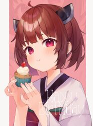 Rule 34 | 1girl, ahoge, blush, brown hair, closed mouth, commentary request, cupcake, eating, food, food bite, hands up, happy birthday, headgear, highres, holding, holding food, japanese clothes, kimono, looking at viewer, obi, obiage, obijime, outside border, pillarboxed, pink background, red eyes, sash, short hair, solo, tananuki, touhoku kiritan, twintails, upper body, voiceroid, white kimono, zoom layer