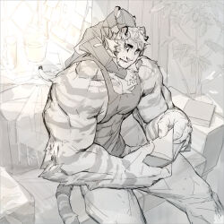 Rule 34 | 1boy, 1other, animal ears, arknights, bara, black tank top, book, doctor (arknights), facial hair, furry, furry male, goatee, greyscale, holding, holding book, hug, hug from behind, large hands, large pectorals, looking at viewer, male focus, monochrome, mountain (arknights), muscular, muscular male, pectorals, scar, scar across eye, short hair, sidepec, sitting, size difference, smile, tail, tank top, thick arms, thick eyebrows, tiger boy, tiger ears, tiger tail, white fur, white hair, wincalblanke