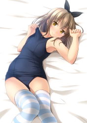 Rule 34 | 1girl, arm up, armpits, bare arms, bare shoulders, bed, bed sheet, black ribbon, blue one-piece swimsuit, blush, brown eyes, brown hair, closed mouth, collarbone, commentary request, fingernails, flat chest, groin, hair between eyes, hair ribbon, hand up, highres, looking at viewer, lying, old school swimsuit, on back, one-piece swimsuit, original, ribbon, school swimsuit, shibacha, short hair, smile, solo, striped clothes, striped thighhighs, swimsuit, thighhighs, yellow eyes
