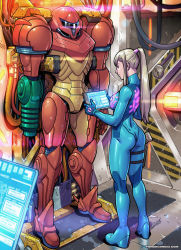 Rule 34 | 1girl, absurdres, armor, ass, blonde hair, blue bodysuit, blue eyes, blue hair, bodysuit, breasts, cable, commentary, dimples of venus, english commentary, full body, high ponytail, highres, holographic touchscreen, long hair, mechanical, medium breasts, metroid, nintendo, nose, power armor, samus aran, skin tight, solo, tekuho no habo, toned, varia suit, zero suit