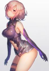 Rule 34 | 1girl, armor, armored dress, breasts, clothing cutout, elbow gloves, fate/grand order, fate (series), from side, gloves, gradient background, hair over one eye, large breasts, leaning forward, leotard, lips, looking at viewer, mash kyrielight, navel cutout, purple eyes, purple gloves, purple hair, purple leotard, short hair, solo, thighs, urokoda