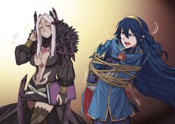 Rule 34 | 2girls, aversa (fire emblem), blue eyes, blue hair, book, bound, breasts, captured, center opening, closed mouth, fire emblem, fire emblem awakening, hiomaika, holding, holding book, holding weapon, large breasts, long hair, lucina (fire emblem), multiple girls, navel, nintendo, open mouth, parted bangs, red eyes, teeth, tiara, tied up (nonsexual), upper body, upper teeth only, weapon, white hair
