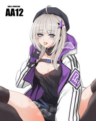 Rule 34 | 1girl, aa-12 (girls&#039; frontline), ahoge, bad id, bad pixiv id, baggy clothes, bags under eyes, black hat, black shorts, black thighhighs, blue eyes, breasts, buckle, candy, character name, choker, collarbone, food, girls&#039; frontline, gloves, hair ornament, hat, holding, holding food, lollipop, medium breasts, out of frame, shorts, sidelocks, silver hair, skindentation, snap-fit buckle, star (symbol), star hair ornament, sweat, taesi, thighhighs, thighs