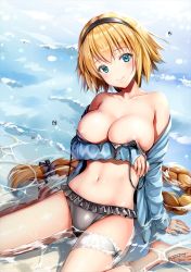 Rule 34 | 1girl, arm support, ayakawa riku, bikini, black bikini, black hairband, blonde hair, blue eyes, blue jacket, blush, braid, breasts, cleavage, collarbone, covering privates, covering breasts, fate/grand order, fate (series), groin, hair between eyes, hairband, head tilt, jacket, jeanne d&#039;arc (fate), jeanne d&#039;arc (ruler) (fate), jeanne d&#039;arc (swimsuit archer) (fate), jeanne d&#039;arc (swimsuit archer) (first ascension) (fate), large breasts, long hair, looking at viewer, navel, off shoulder, open clothes, open jacket, signature, single braid, sitting, smile, solo, stomach, swimsuit, thighs, twitter username, untied bikini, very long hair, wariza