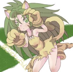 Rule 34 | 1girl, animal ears, animal hands, bare shoulders, cham cham, facial mark, flat chest, gloves, green eyes, green hair, hair between eyes, jewelry, long hair, necklace, paw gloves, paw shoes, samurai spirits, sicky (pit-bull), solo, tail, tiger ears, tiger girl, tiger tail, tooth necklace, twitter username, whisker markings