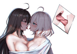 Rule 34 | 2girls, after kiss, ahoge, aqua eyes, bare shoulders, black hair, blush, breasts, chromatic aberration, cleavage, collarbone, commentary, eye contact, french kiss, from side, hair between eyes, highres, incest, kiss, large breasts, looking at another, mole, mole on breast, multiple girls, open mouth, original, red eyes, saliva, saliva trail, shared towel, short hair, siblings, silver hair, simple background, sisters, straight hair, tongue, tongue out, upper body, white background, yuri, yurichtofen